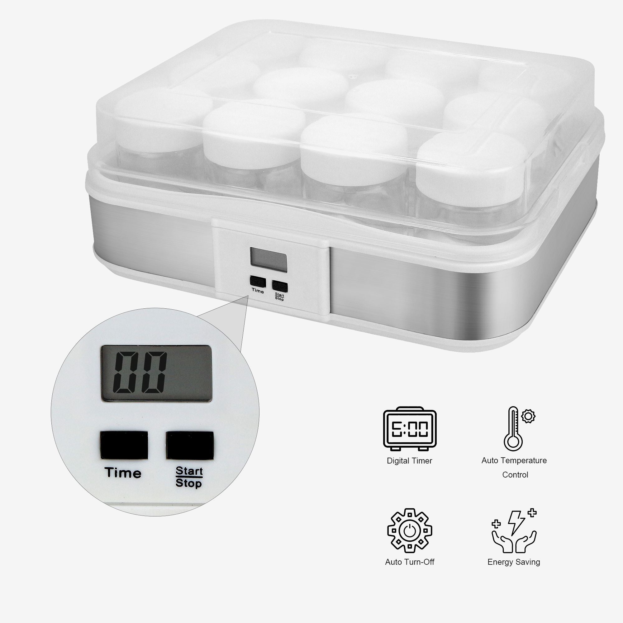 Leogreen-Yogurt-Maker-Machine-for-Natural-Yogurt-12-pots-with-timer-30-6-x-25-x-12-4-cm-White-Capacity-per-pot-0-21-L-Timer-setting-0-15-hours