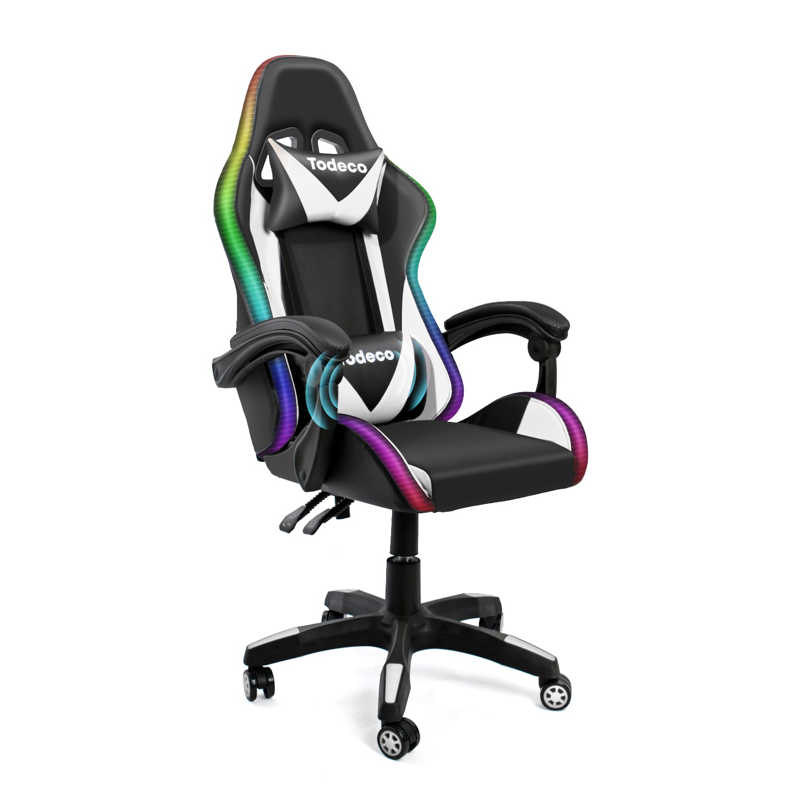 Todeco-Gaming-Massage-Chair-with-LED-Light-Ergonomic-Swivel-Office-Chair-High-Back-Back-and-Adjustable-Seat-Height-Gaming-Chair-with-Massage-Headrest-Lumbar-Support-White