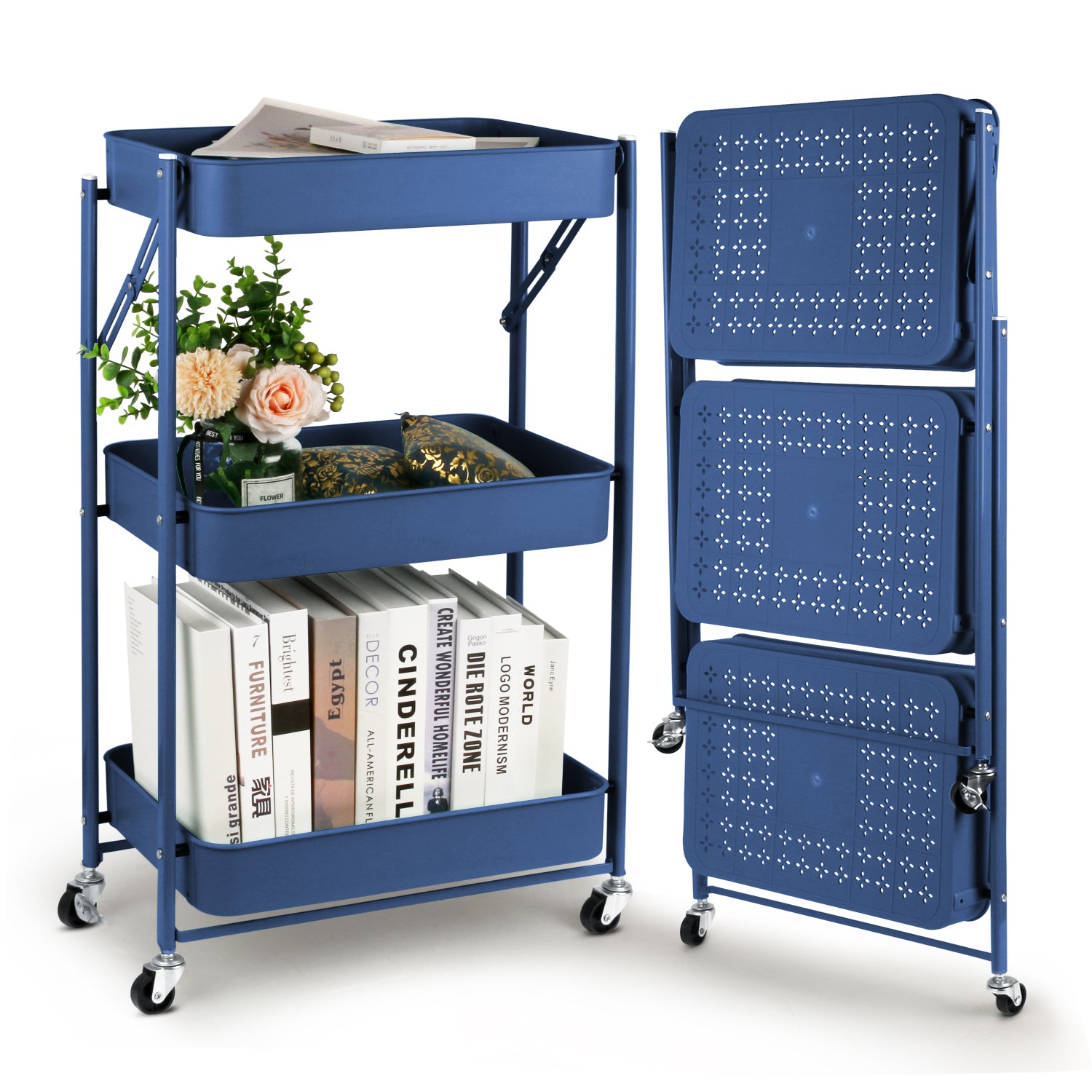 Folding-Trolley-with-Wheels-3-Tier-Mobile-Cart-Kitchen-Cart-No-Assembly-46-x-29-x-78-cm-for-Kitchen-Office-Bathroom-Cloakroom-Blue-Folding-Trolley-with-Wheels-Blue