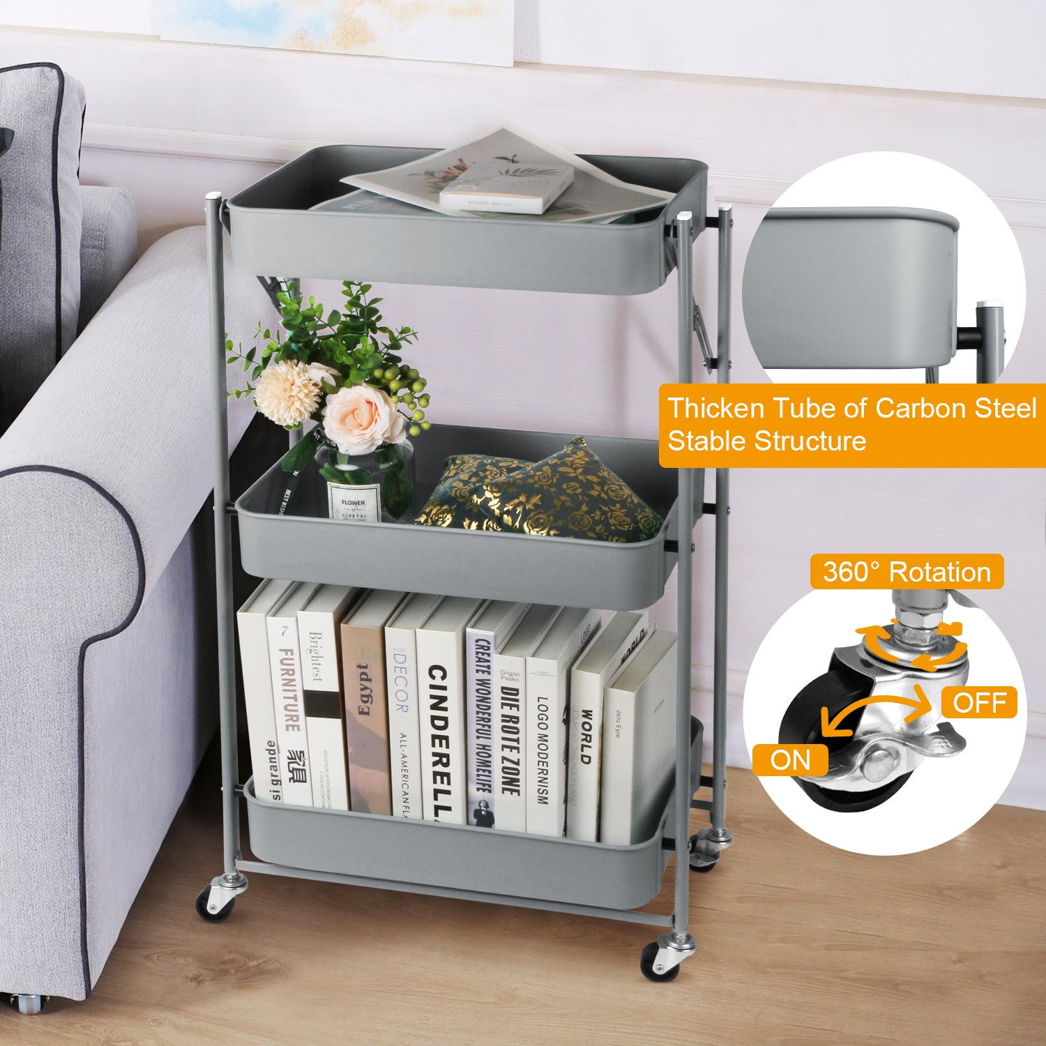 Todeco-Folding-Trolley-with-Wheels-3-Tier-Mobile-Cart-Kitchen-Cart-No-Assembly-46-x-29-x-78-cm-for-Kitchen-Office-Bathroom-Cloakroom-Gray-Folding-Trolley-with-Wheels-Gray