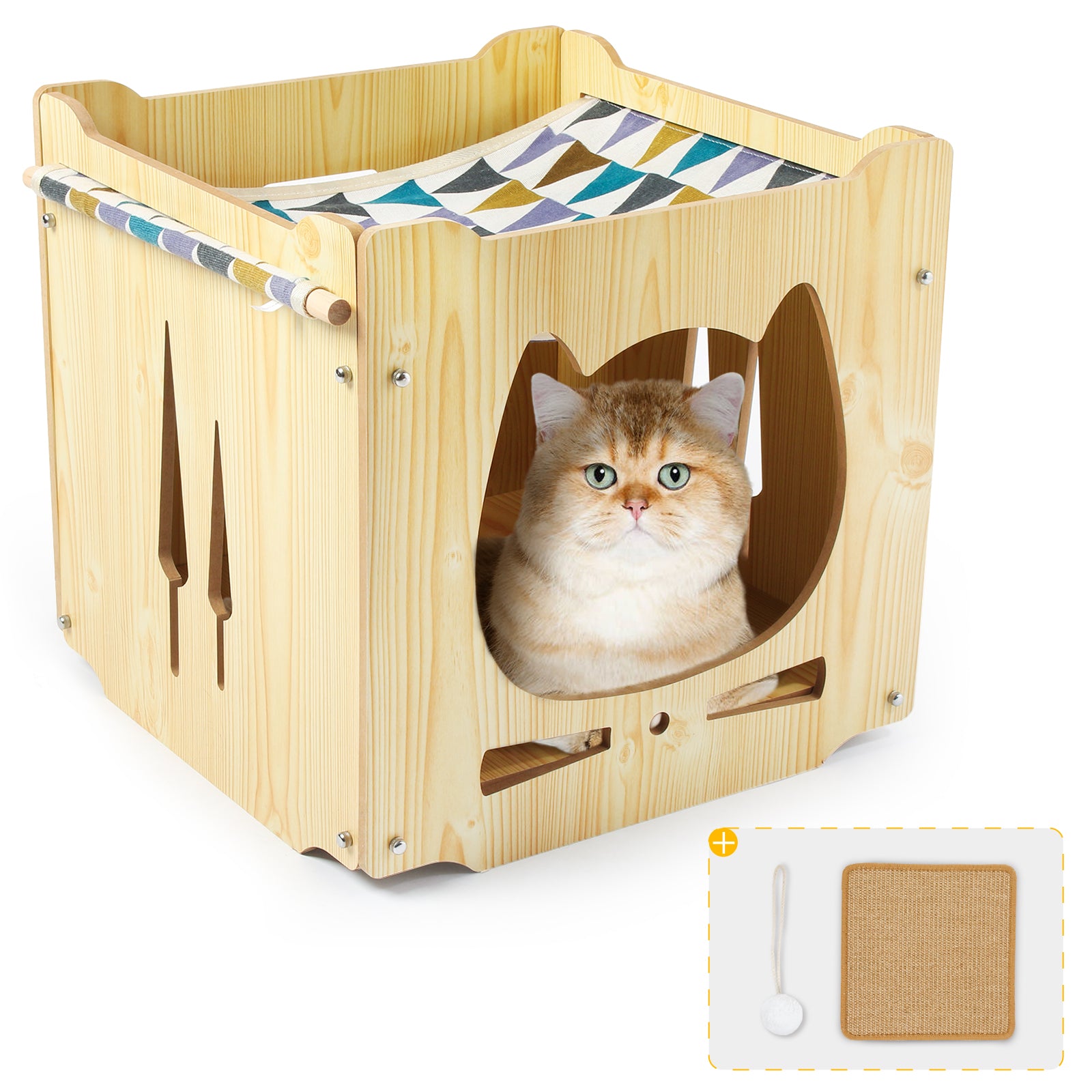 Todeco-Wooden-Cat-House-Double-Layer-Wooden-Cat-Kennel-with-Hammock-34x34x34cm-with-Scratching-Board-Cat-Ball-Cushion-for-Indoors-or-Outdoors-Small-Dogs-and-Cats
