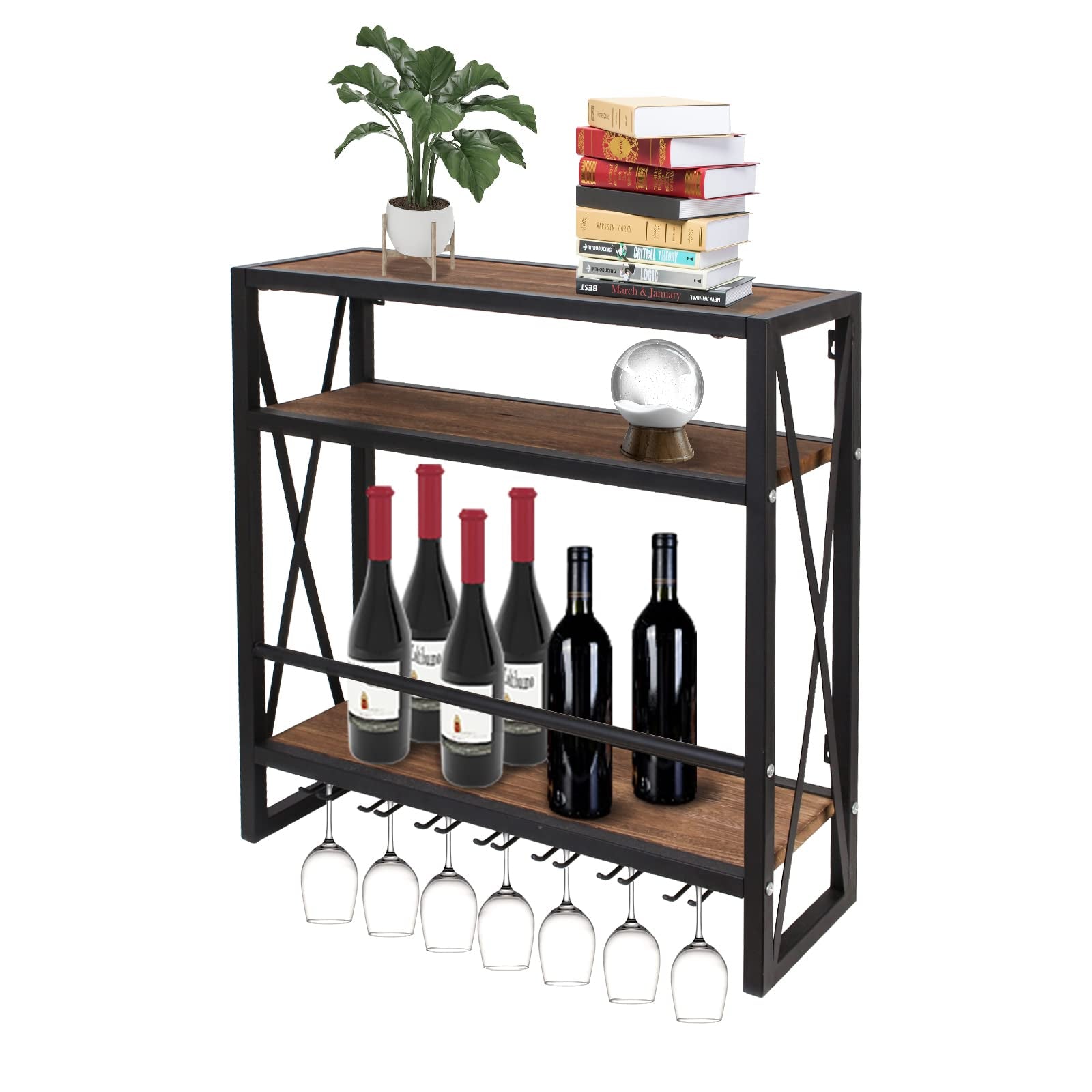 Todeco-Wall-Bottle-Shelf-with-Glass-Rack-Wooden-Metal-Wine-Bottle-Rack-in-3-Tiers-for-12-Wine-Bottles-Rack-Storage-Wine-Bottle-Holder-Suitable-for-Kitchen-60-20-62cm-Wall-Bottle-Shelf