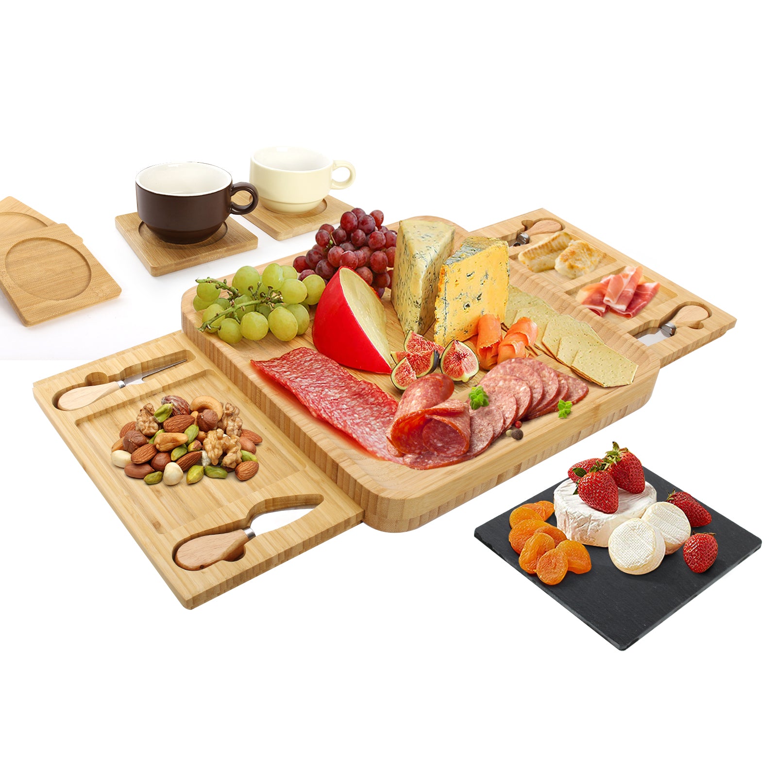 Todeco-Bamboo-Cheese-Board-Set-Cheese-Board-with-Knife-and-Fork-Set-and-Sliding-Drawer-1-Slate-and-4-Coasters-Charcuterie-Board-for-Cheese-Meat-Bamboo-Cheese-Board-Set