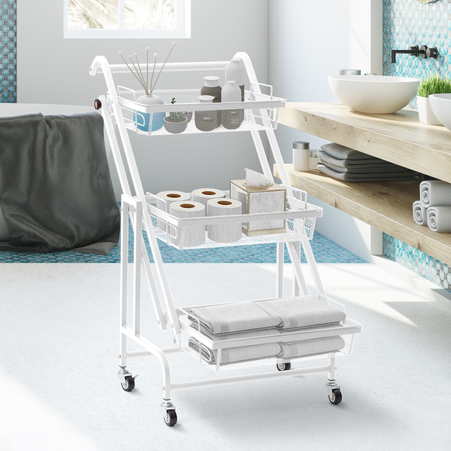 Todeco-Trolley-on-Wheels-Kitchen-Trolley-with-3-Levels-90-180-Adjustable-Angle-Kitchen-Trolley-with-Removable-Tray-for-Kitchen-Office-Bathroom-Cloakroom-44-5-30-5-94-5-cm-White