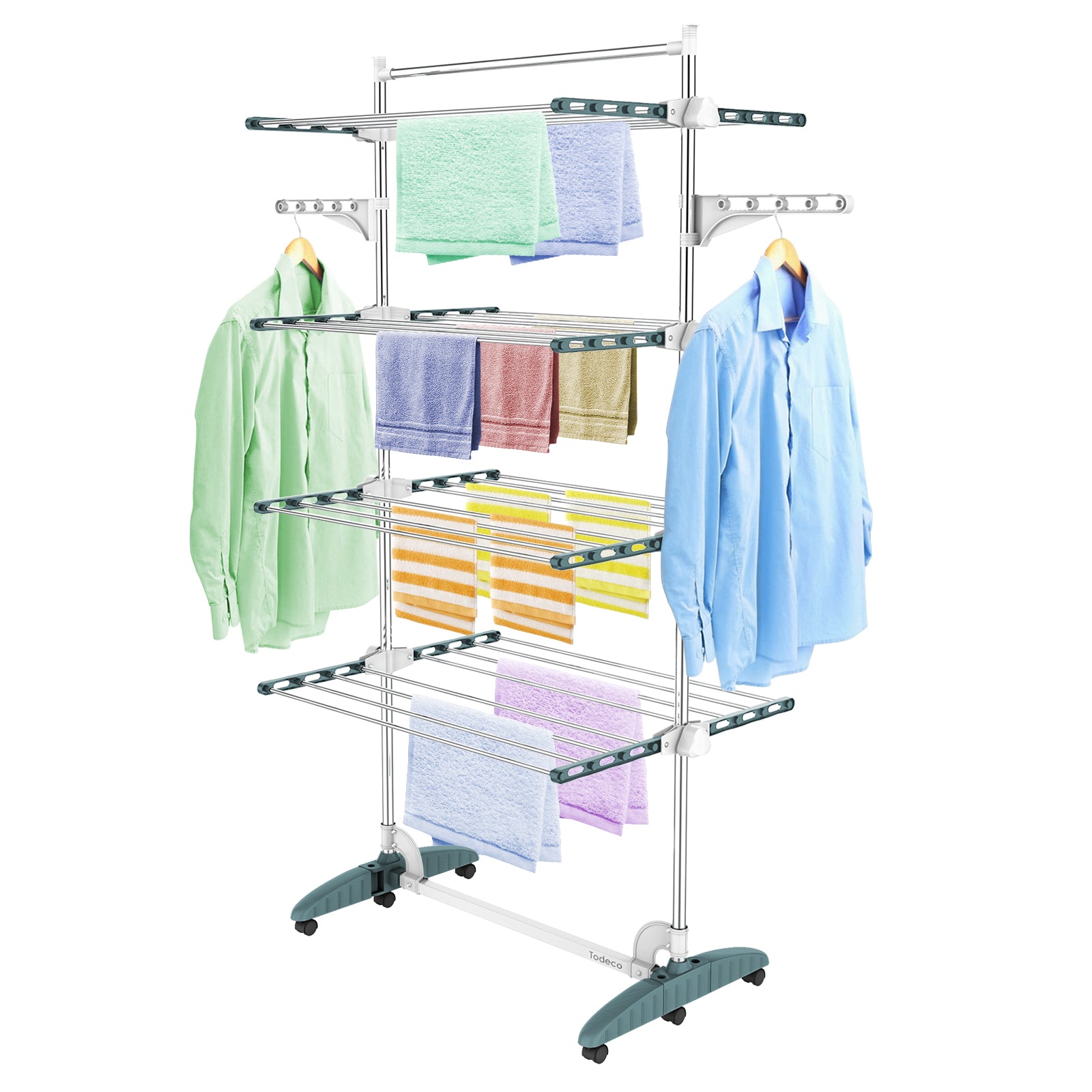 Tendedero para secar ropa, 4 estantes (alas/barra superior, verde azulado/blanco)