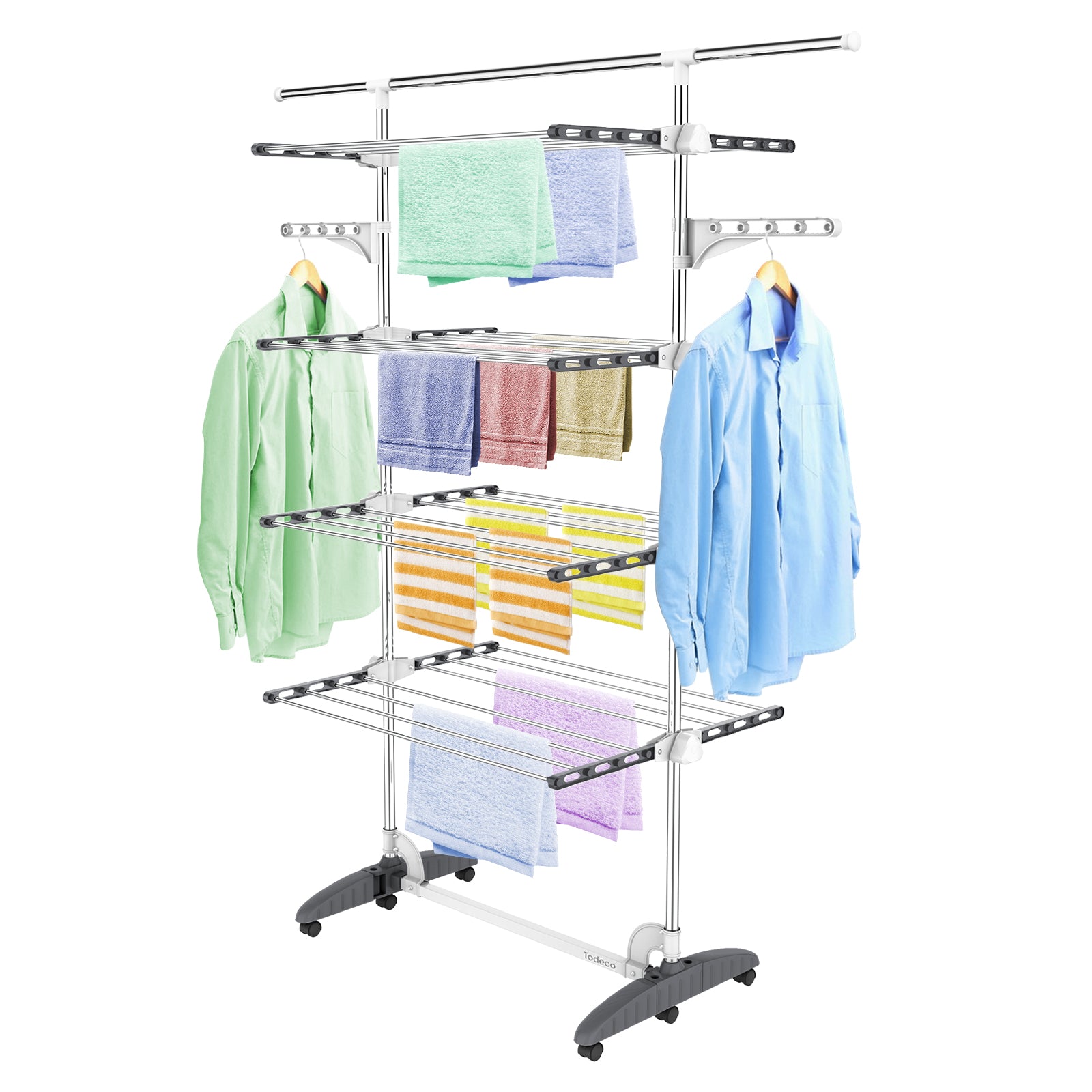Clothes Drying Rack, 4 shelves (wings/extended top bar, Grey/White)