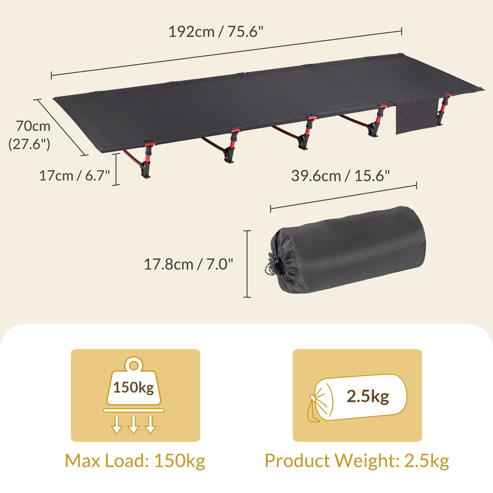 Leogreen-Foldable-Camp-Bed-Ultra-Lightweight-Compact-Strong-and-Durable-192-x-70-x-17cm-for-Tents-Outdoor-Hiking-Traveling-Maximum-Load-150kg-Black