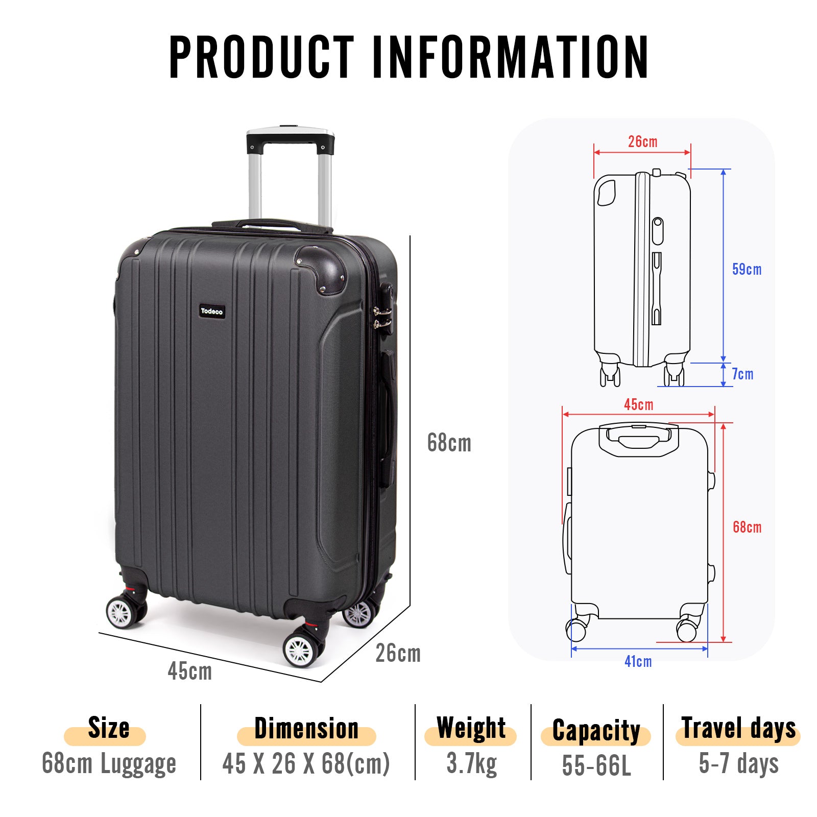 Todeco-Medium-Suitcase-Size-68cm-Travel-Suitcase-Rigid-and-Lightweight-ABS-Travel-Suitcase-with-Wheels-Suitcases-4-Double-Wheels-68x45x26cm-Anthracite-Gray-Medium-Suitcase-Size-68cm-Anthracite-Gray