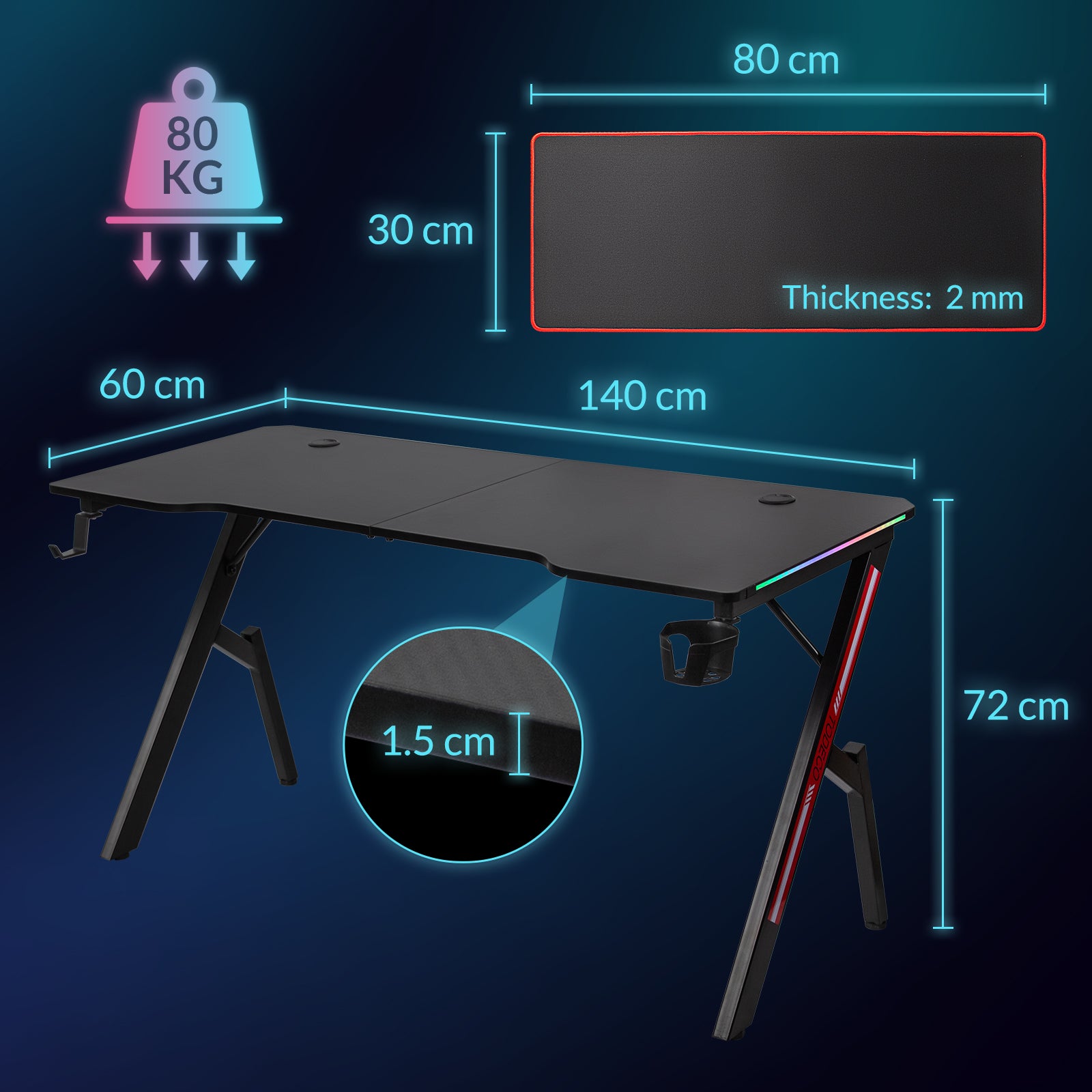 Todeco-LED-Gaming-Desk-140-x-60cm-Large-Gaming-Desk-with-Carbon-Fiber-Top-Ergonomic-Desk-with-Mouse-Pad-Cup-Holder-and-Headphone-Hook