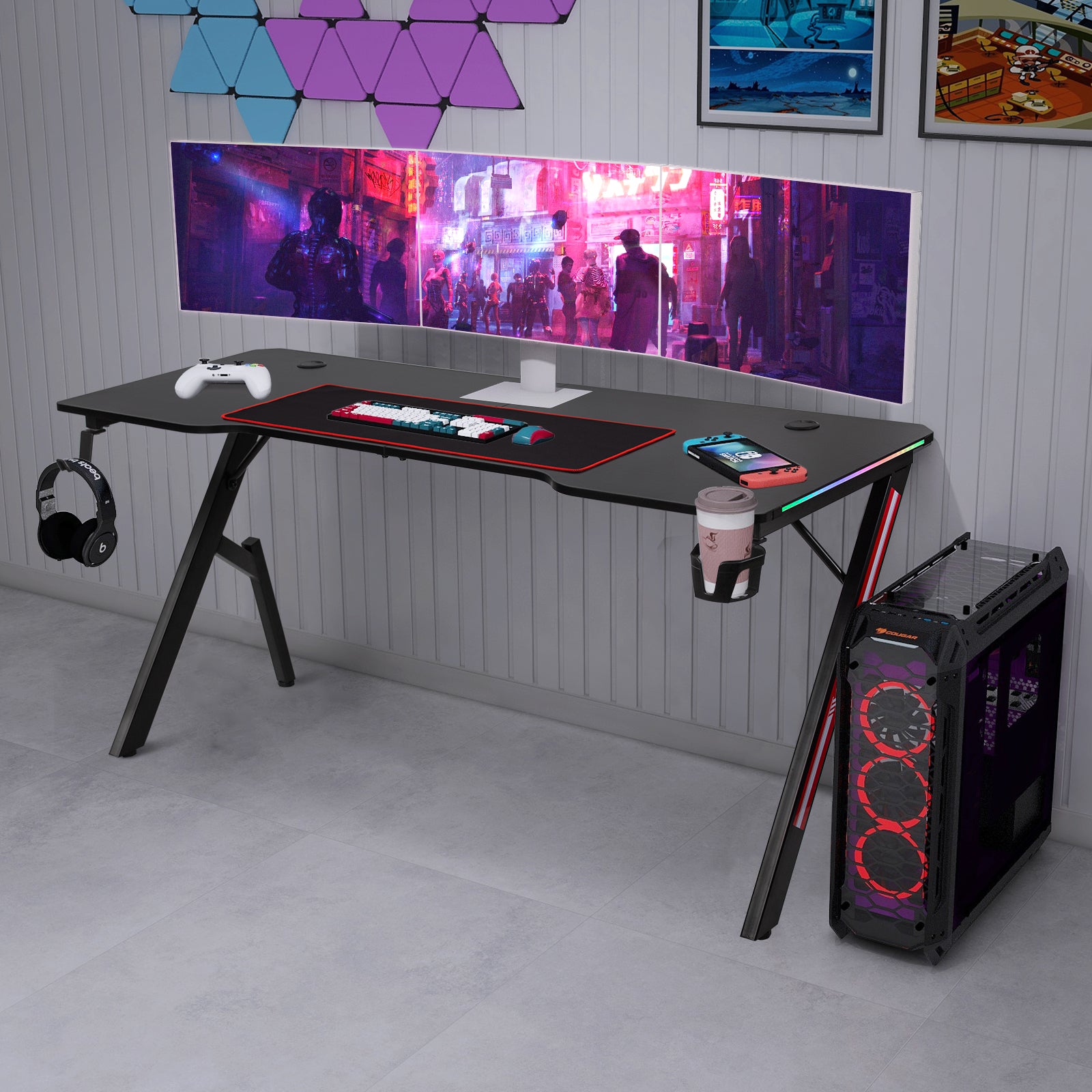 Todeco-LED-Gaming-Desk-160-x-60cm-Large-Gaming-Desk-with-Carbon-Fiber-Top-Ergonomic-Desk-with-Mouse-Pad-Cup-Holder-and-Headphone-Hook