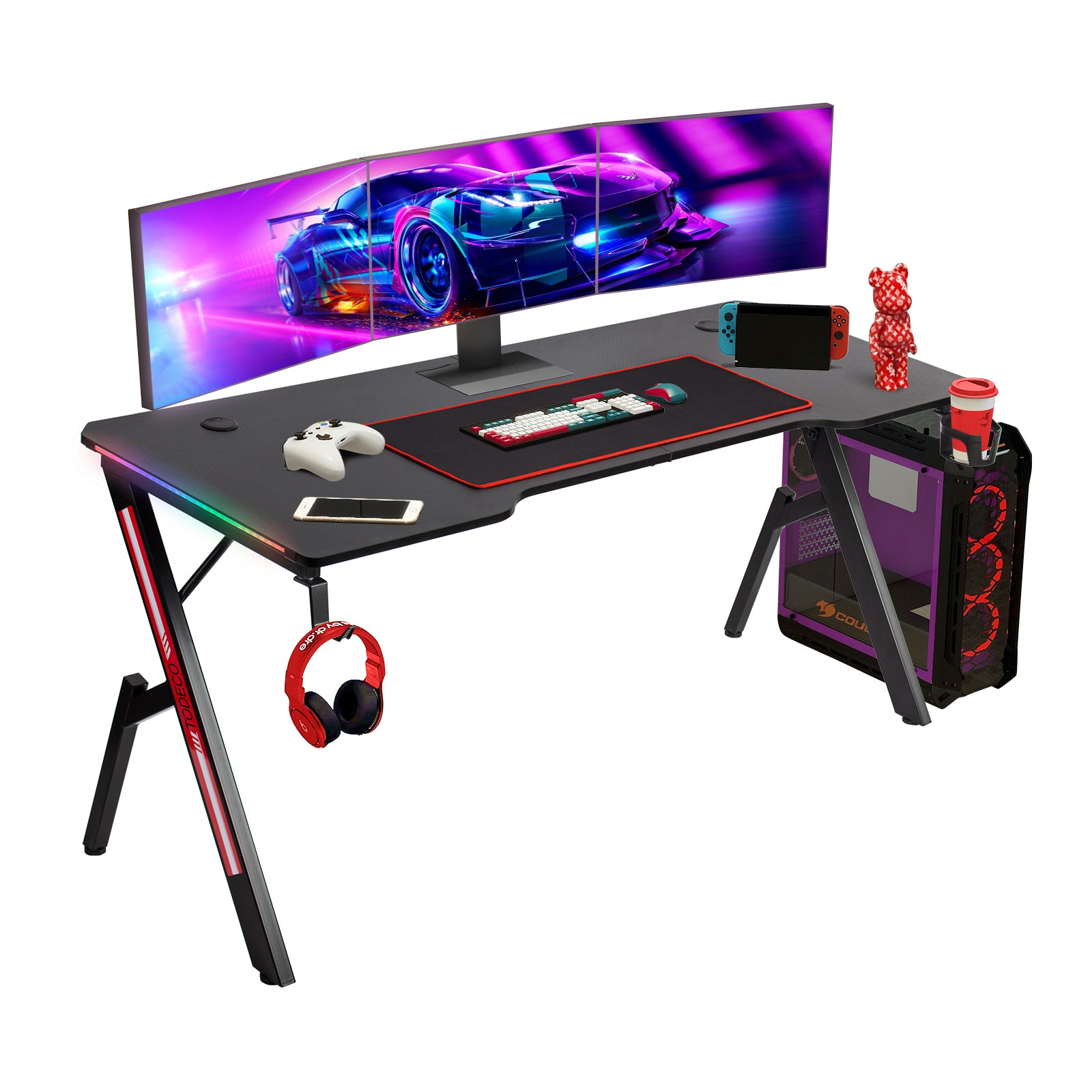 Todeco-LED-Gaming-Desk-160-x-60cm-Large-Gaming-Desk-with-Carbon-Fiber-Top-Ergonomic-Desk-with-Mouse-Pad-Cup-Holder-and-Headphone-Hook