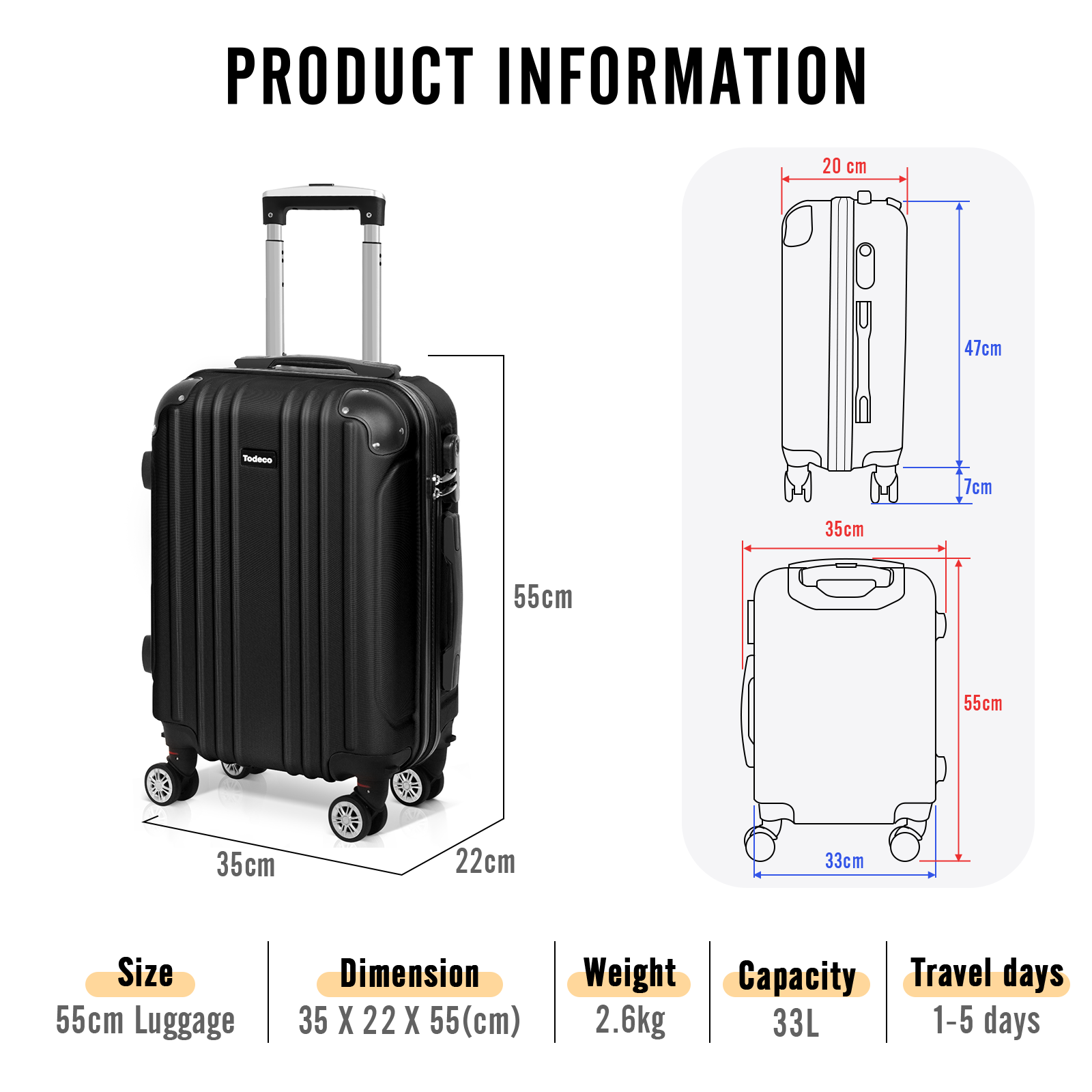 Todeco-Cabin-Suitcase-55cm-Lightweight-Carry-on-Suitcase-with-Hard-Shell-Travel-Suitcase-Rigid-and-Lightweight-ABS-with-4-Double-Wheels-55x35x22cm-Black-Cabin-Suitcase-55cm-Black