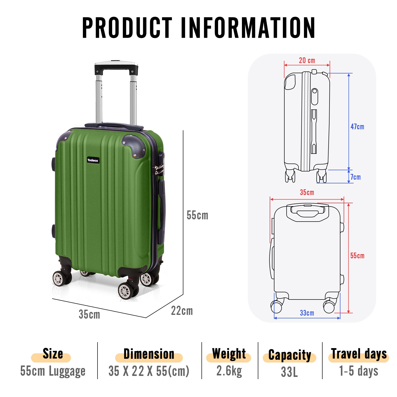 Cabin-Suitcase-55cm-Lightweight-Carry-on-Suitcase-with-Hard-Shell-Travel-Suitcase-Rigid-and-Lightweight-ABS-with-4-Double-Wheels-55x35x22cm-Olive-Green