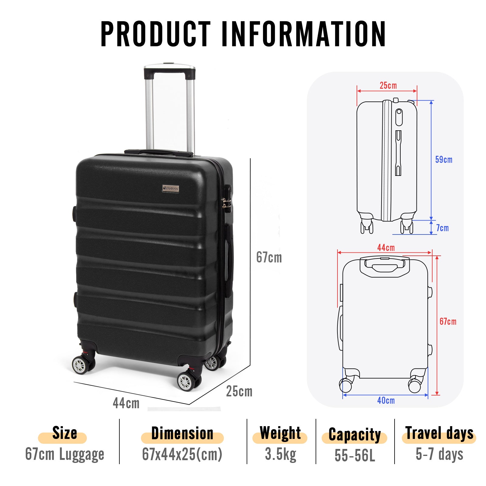 Todeco-Medium-Suitcase-67cm-Rigid-and-Lightweight-ABS-PC-Lightweight-Carry-on-Suitcase-with-Hard-Shell-Travel-Suitcase-with-4-Double-Wheels-67-44-25cm-Black