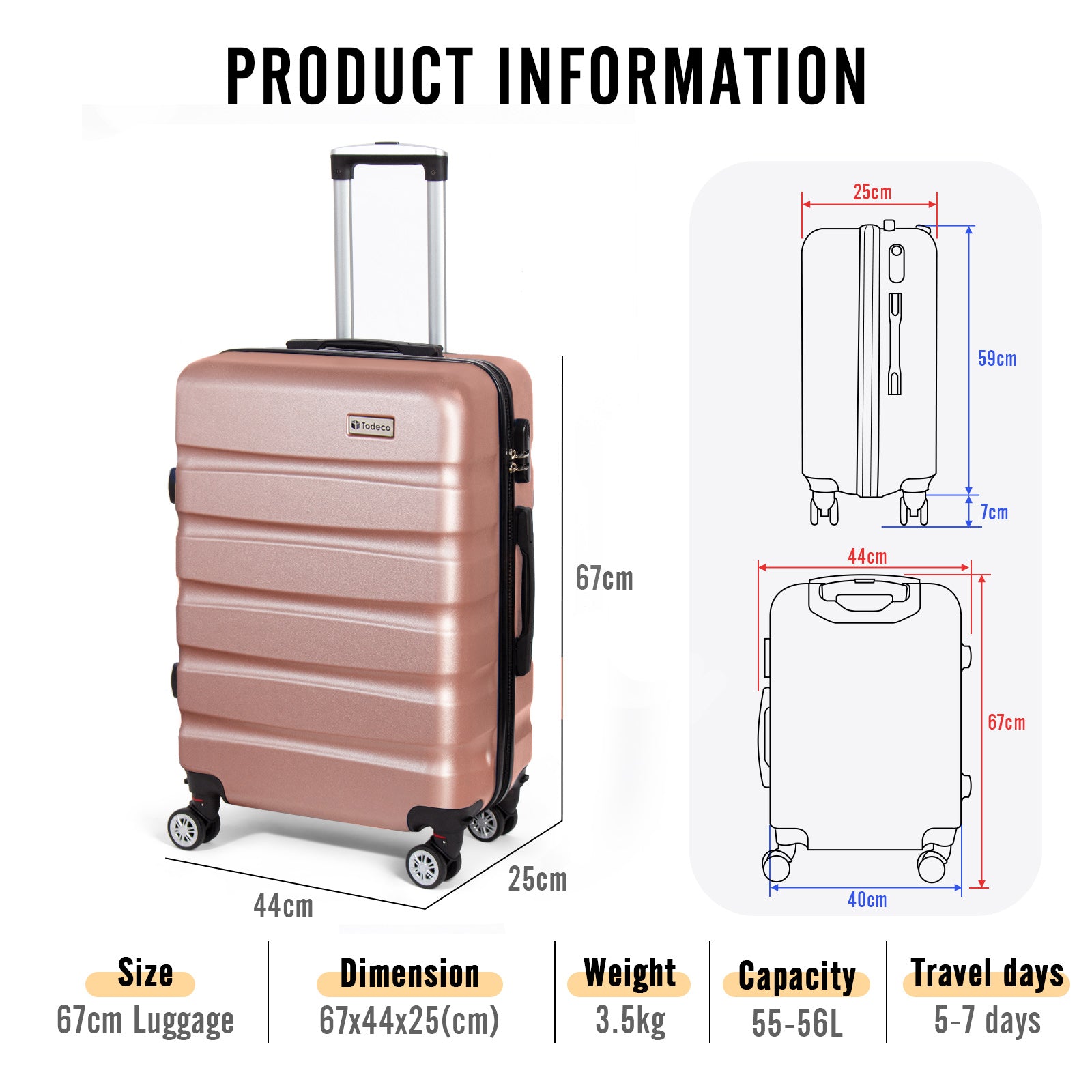 Todeco-Medium-Suitcase-67cm-Rigid-and-Lightweight-ABS-PC-Lightweight-Carry-on-Suitcase-with-Hard-Shell-Travel-Suitcase-with-4-Double-Wheels-67-44-25cm-Rose-Gold