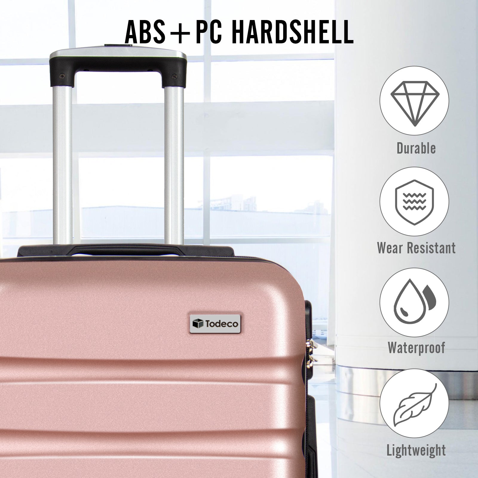 Todeco-Cabin-Suitcase-56cm-Rigid-and-Lightweight-ABS-PC-Lightweight-Carry-on-Suitcase-with-Hard-Shell-Travel-Suitcase-with-4-Double-Wheels-56x36x22cm-Rose-Gold