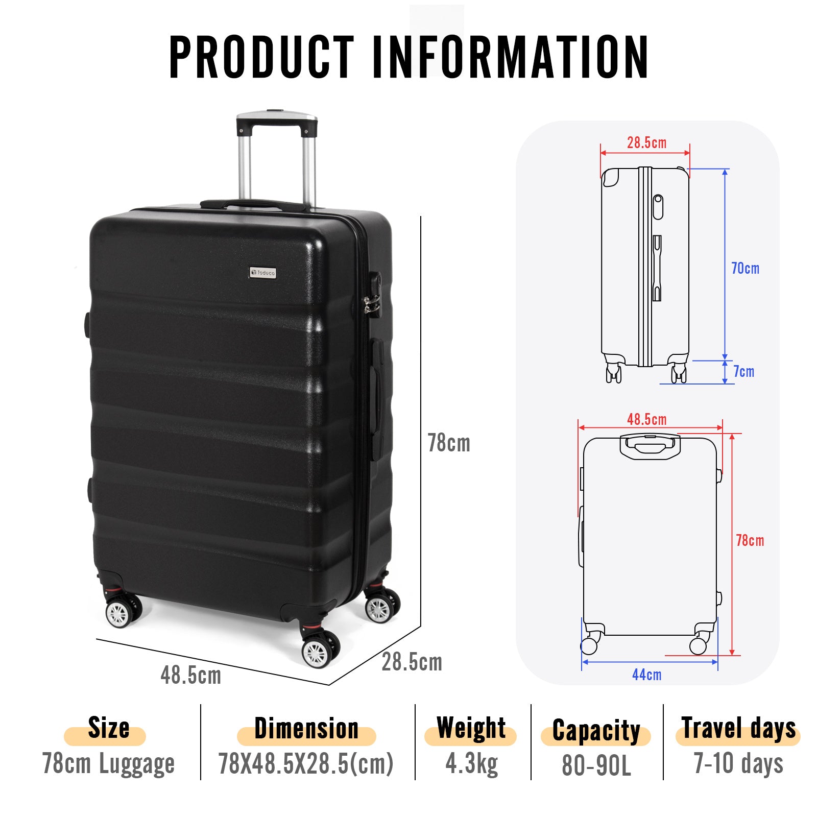 Todeco-Large-Suitcase-78cm-Rigid-and-Lightweight-ABS-PC-Lightweight-Carry-on-Suitcase-with-Hard-Shell-Travel-Suitcase-with-4-Double-Wheels-78-48-28cm-Black