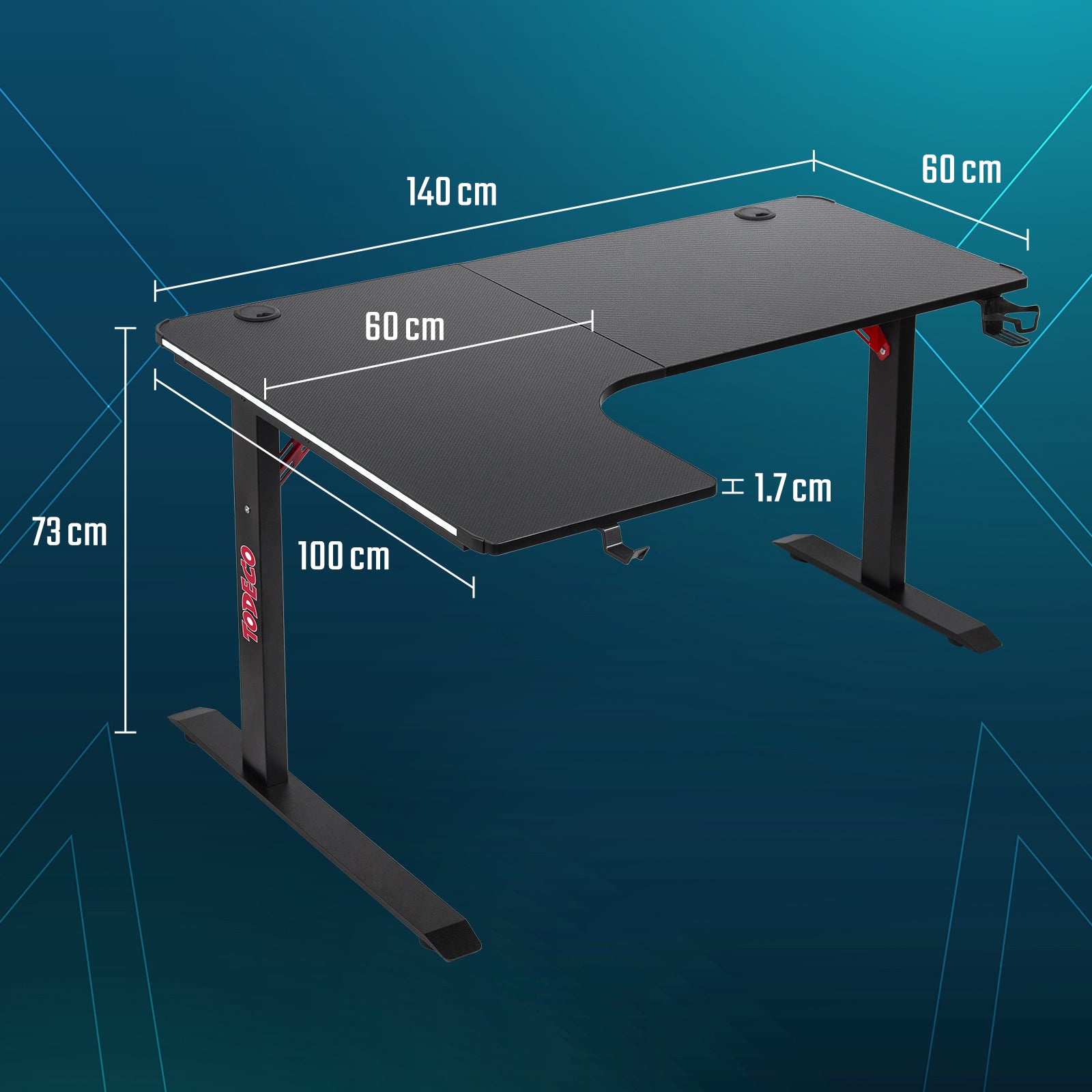 Todeco-Corner-Desk-L-Shaped-Desk-LED-Gaming-Desk-140-x-100cm-Large-Gaming-Desk-with-Carbon-Fiber-Top-with-Cup-Holder-and-Headphone-Hook