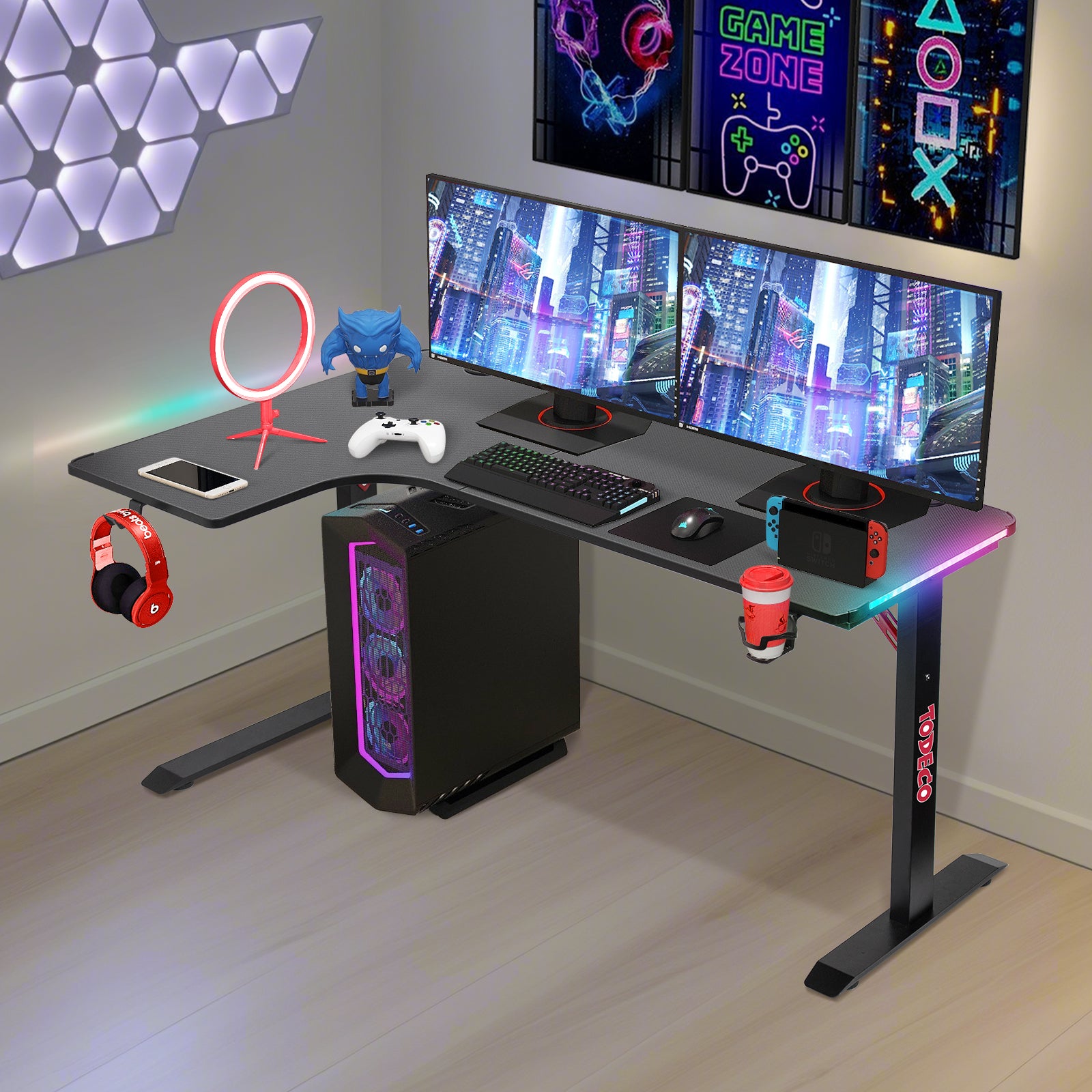 Todeco-Corner-Desk-L-Shaped-Desk-LED-Gaming-Desk-140-x-100cm-Large-Gaming-Desk-with-Carbon-Fiber-Top-with-Cup-Holder-and-Headphone-Hook