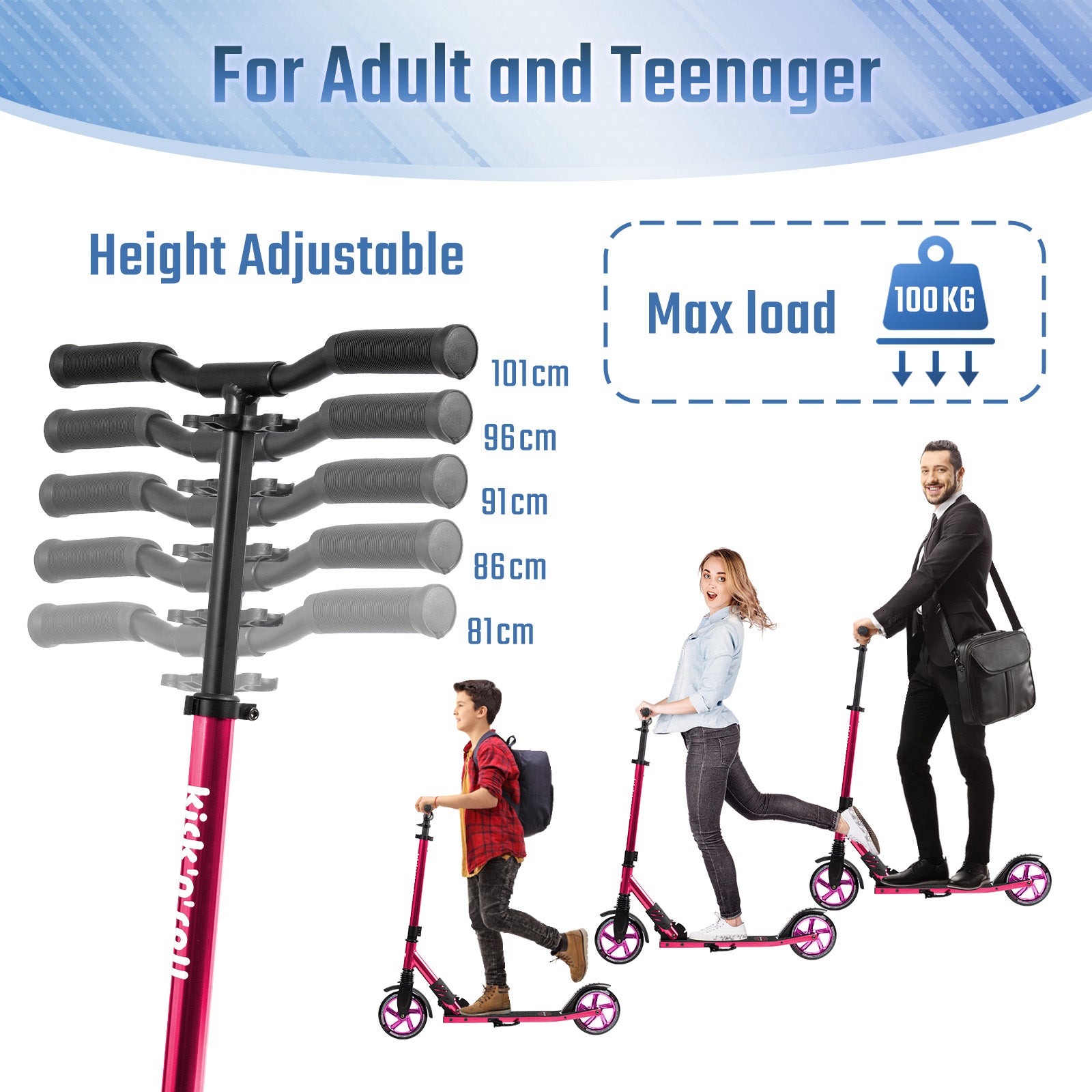 Foldable-Scooter-Adjustable-Handlebar-Height-with-Kickstand-180-mm-Wheels-Stable-Aluminum-Scooter-for-Adults-and-Teenagers-up-to-100-kg-Pink