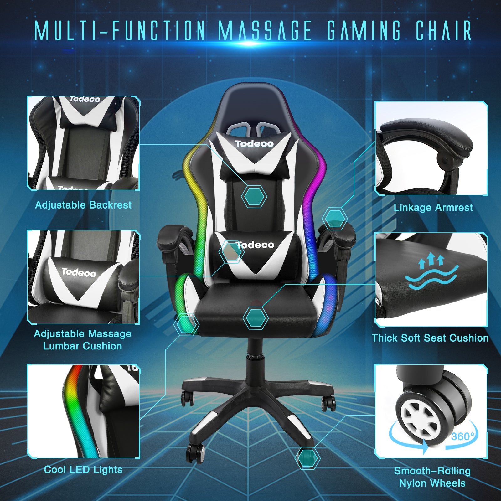 Todeco-Gaming-Massage-Chair-with-LED-Light-Ergonomic-Swivel-Office-Chair-High-Back-Back-and-Adjustable-Seat-Height-Gaming-Chair-with-Massage-Headrest-Lumbar-Support-White