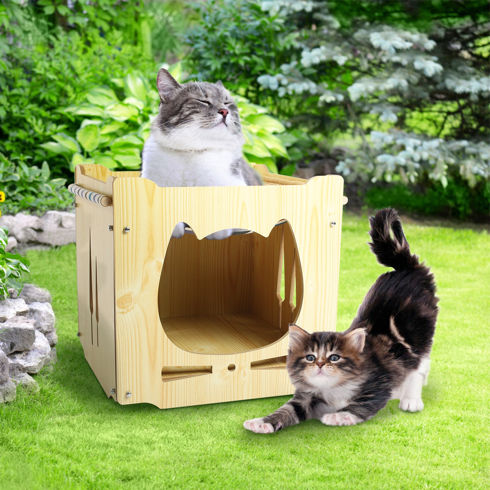 Todeco-Wooden-Cat-House-Double-Layer-Wooden-Cat-Kennel-with-Hammock-34x34x34cm-with-Scratching-Board-Cat-Ball-Cushion-for-Indoors-or-Outdoors-Small-Dogs-and-Cats