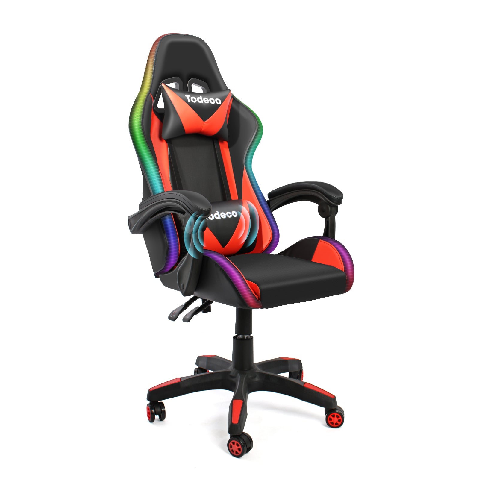Todeco-Gaming-Massage-Chair-with-LED-Light-Ergonomic-Swivel-Office-Chair-High-Back-and-Adjustable-Seat-Height-Gaming-Chair-with-Massage-Headrest-Lumbar-Support-Red