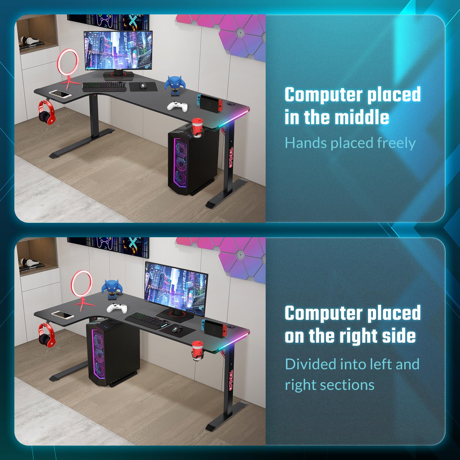 Todeco-Corner-Desk-L-shaped-Desk-LED-Gaming-Desk-160-x-100cm-Large-Gaming-Desk-with-Carbon-Fiber-Top-with-Cup-Holder-and-Headphone-Hook