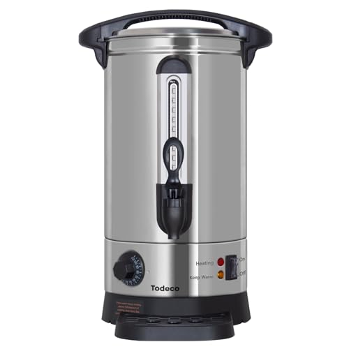 Todeco Hot Drink Dispenser 7.7L, 1500W, Stainless Steel Mulled Wine Pot with Drip Tray, Tap, Thermostat, Temperature Adjustment 30-110°C