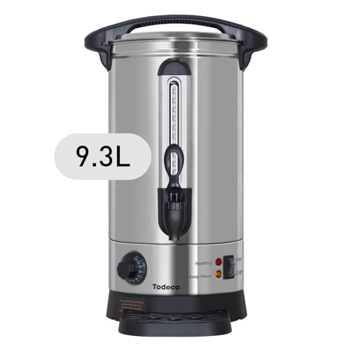 Todeco Hot Drink Dispenser 9.3L, 1500W, Stainless Steel Mulled Wine Pot with Drip Tray, Tap, Thermostat, Temperature Adjustment 30-110°C