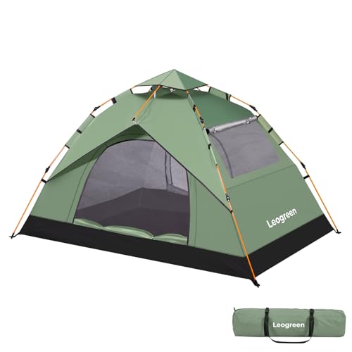Leogreen Tente de Camping, Tente Pop up 3-4 Personnes, Tente Dôme Familiale Imperméable et Coupe-Vent avec Deux Portes & Fenêtres,Automatique Tente pour Le Camping Randonnée