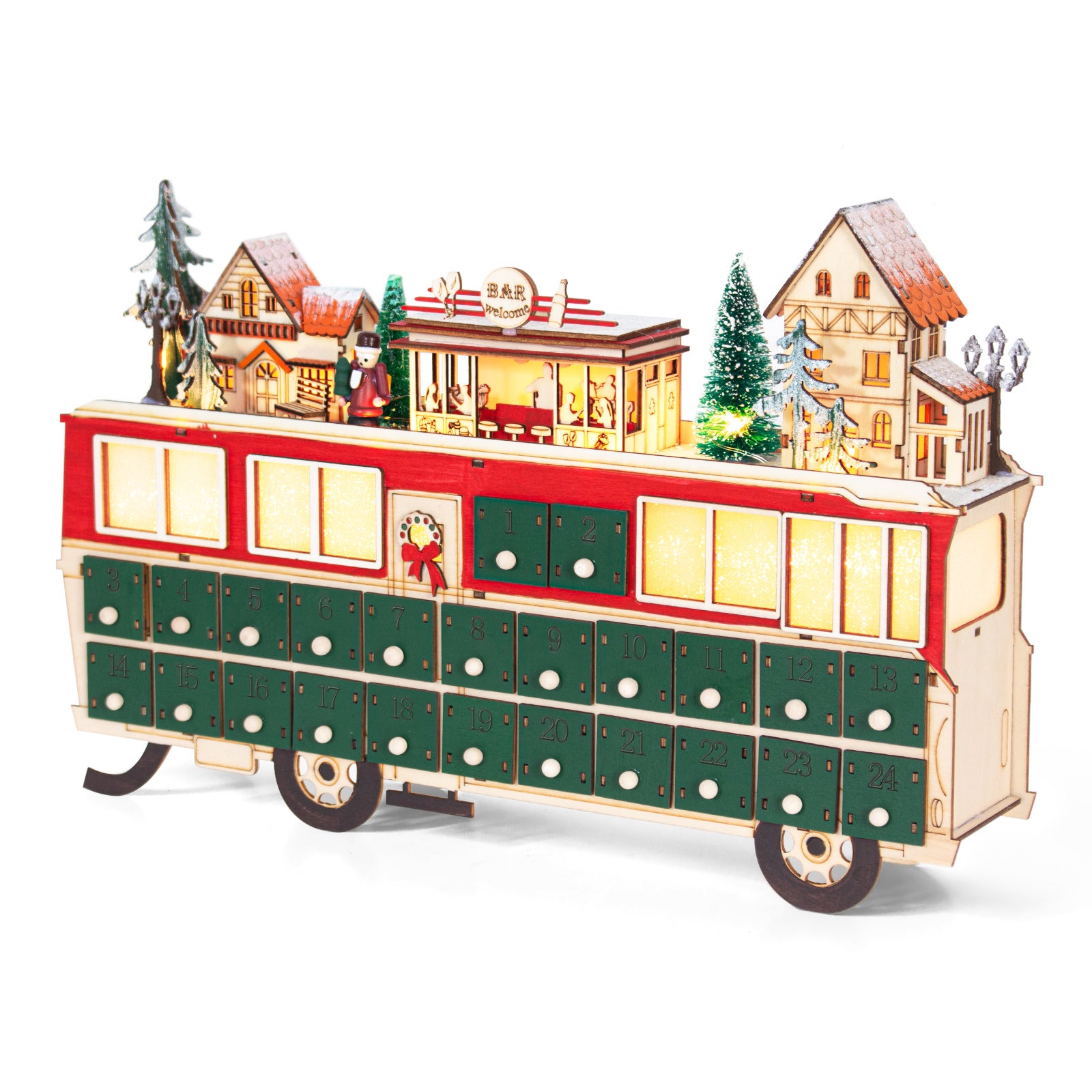 Todeco-Wooden-Advent-Calendar-24-Drawers-to-Fill-Illuminated-Advent-Calendar-Bus-Shape-Wooden-Christmas-Decoration-43-x-8-5-x-28-cm-Wooden-Advent-Calendar