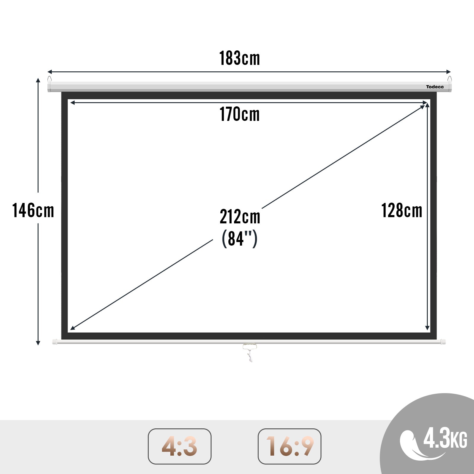 Todeco-84-inch-Projection-Screen-Manual-Roll-up-Wall-or-Ceiling-Mounting-for-Home-Cinema-and-Business-128-x-170-cm-4-3-Formats-HD-4K-3D