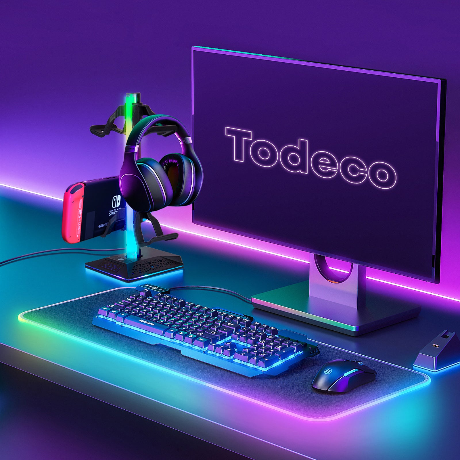 Todeco-Game-Controller-Holder-for-Nintendo-Switch-Xbox-RGB-Gamer-Headset-Holder-with-10-Light-Modes-2-USB-Ports-Universal-Game-Controller-Accessories