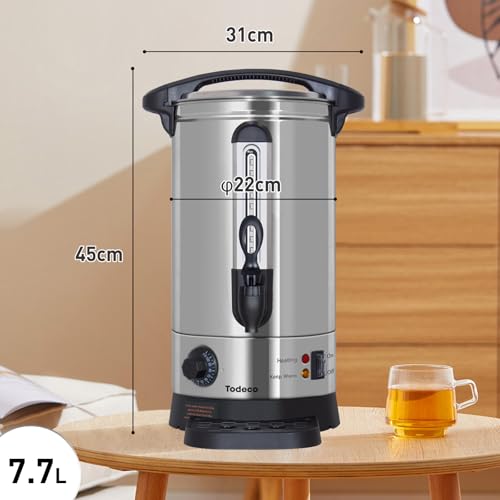 Todeco Hot Drink Dispenser 7.7L, 1500W, Stainless Steel Mulled Wine Pot with Drip Tray, Tap, Thermostat, Temperature Adjustment 30-110°C