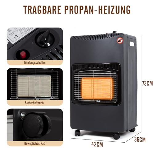 Todeco Gas Heater, black, 3 Heating Levels, Includes Pressure Regulator, Gas Hose, for Balconies and Well-Ventilated Indoor-Outdoor Spaces