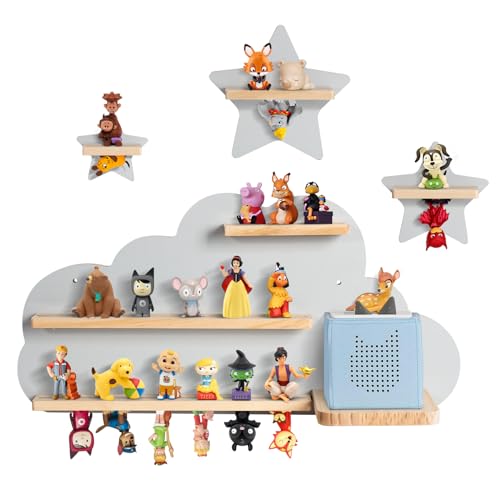 Todeco-Magnetic-Shelf-for-Tonie-Box-and-Tonies-Up-to-20-25-Tonies-Wall-Mounted-Shelf-for-Children-s-Music-Box-Gray-Cloud-and-Star