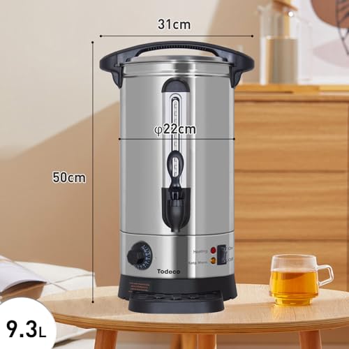 Todeco Hot Drink Dispenser 9.3L, 1500W, Stainless Steel Mulled Wine Pot with Drip Tray, Tap, Thermostat, Temperature Adjustment 30-110°C