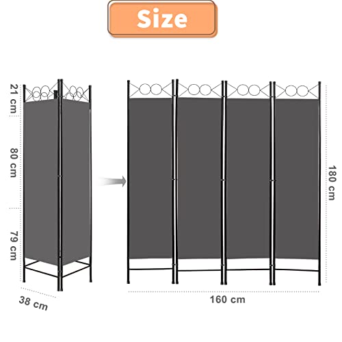 Todeco-Interior-Screen-4-Panels-Foldable-Room-Divider-Privacy-Screen-Bedroom-Home-Balcony-Screen-160-x-180-cm-Gray