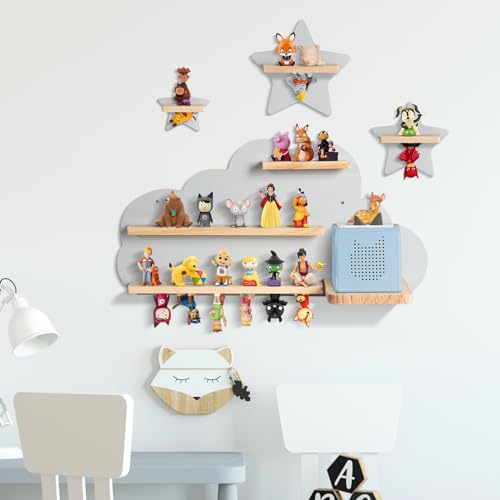 Todeco-Magnetic-Shelf-for-Tonie-Box-and-Tonies-Up-to-20-25-Tonies-Wall-Mounted-Shelf-for-Children-s-Music-Box-Gray-Cloud-and-Star