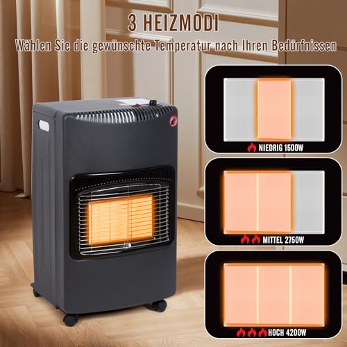 Todeco Gas Heater, black, 3 Heating Levels, Includes Pressure Regulator, Gas Hose, for Balconies and Well-Ventilated Indoor-Outdoor Spaces