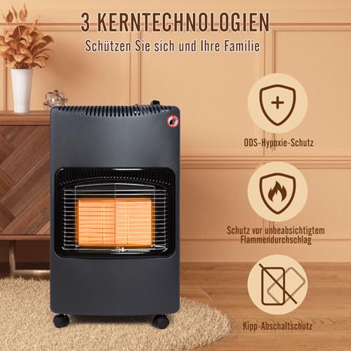 Todeco Gas Heater, black, 3 Heating Levels, Includes Pressure Regulator, Gas Hose, for Balconies and Well-Ventilated Indoor-Outdoor Spaces