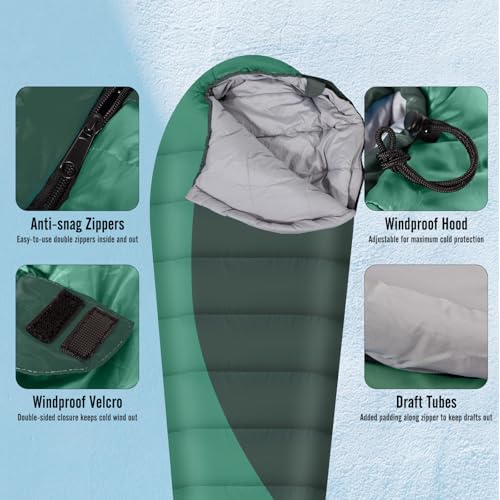 Leogreen-Sleeping-Bag-15-5-for-3-4-Seasons-300GSM-1800g-Ultralight-Mummy-Sleeping-Bag-for-Adults-for-Camping-Hiking-and-Mountaineering-210x80x35cm-Green