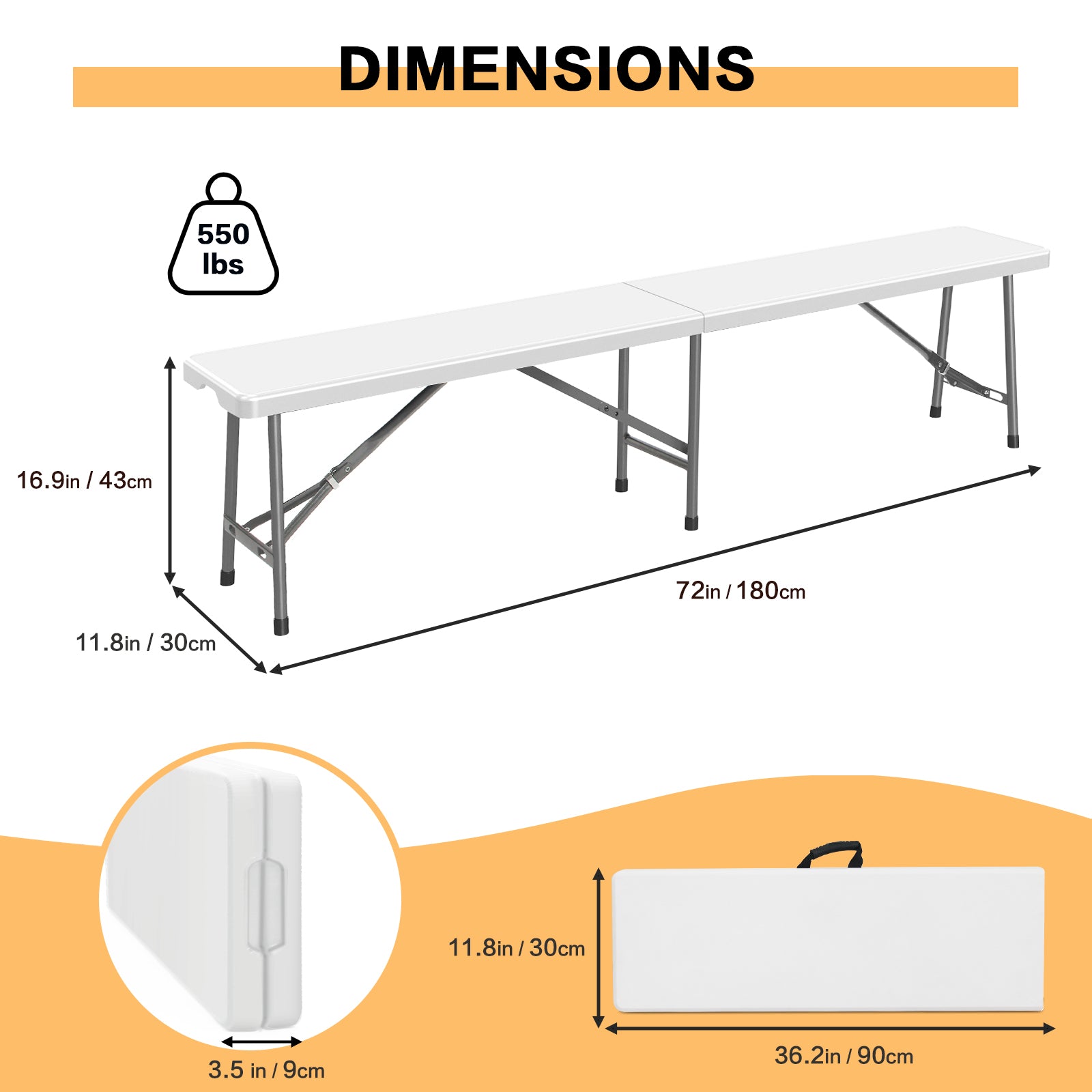 Folding Bench (183 x 30 x 43cm, White)