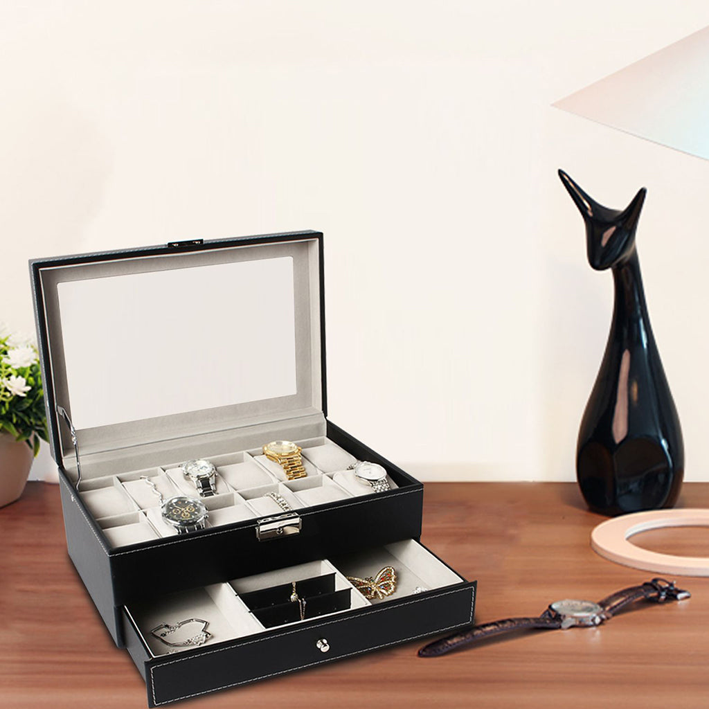 Jewelry-and-Watch-Box-Watch-and-Jewelry-Display-12-watches-jewelry-drawer-and-display-glass-Grey-Dimensions-30-x-20-x-14-cm