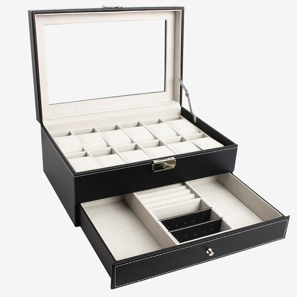 Jewelry-and-Watch-Box-Watch-and-Jewelry-Display-12-watches-jewelry-drawer-and-display-glass-Grey-Dimensions-30-x-20-x-14-cm
