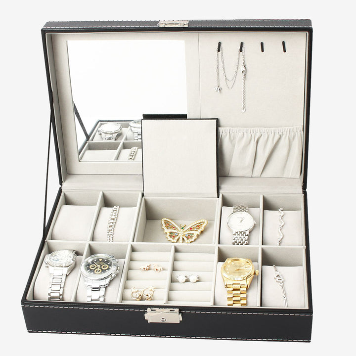 Jewelry-and-Watch-Box-Watch-and-Jewelry-Display-8-watches-jewelry-and-mirror-Grey-Dimensions-30-x-20-x-8-cm