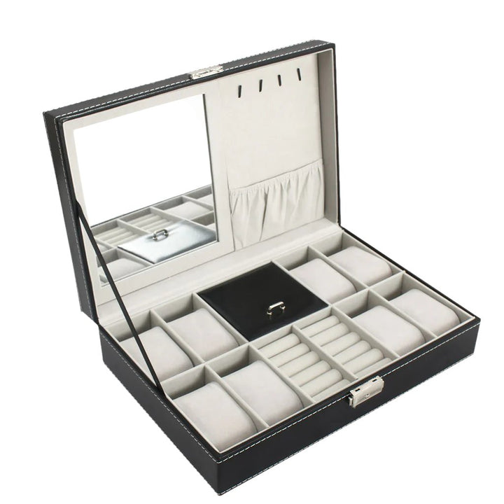 Jewelry-and-Watch-Box-Watch-and-Jewelry-Display-8-watches-jewelry-and-mirror-Grey-Dimensions-30-x-20-x-8-cm