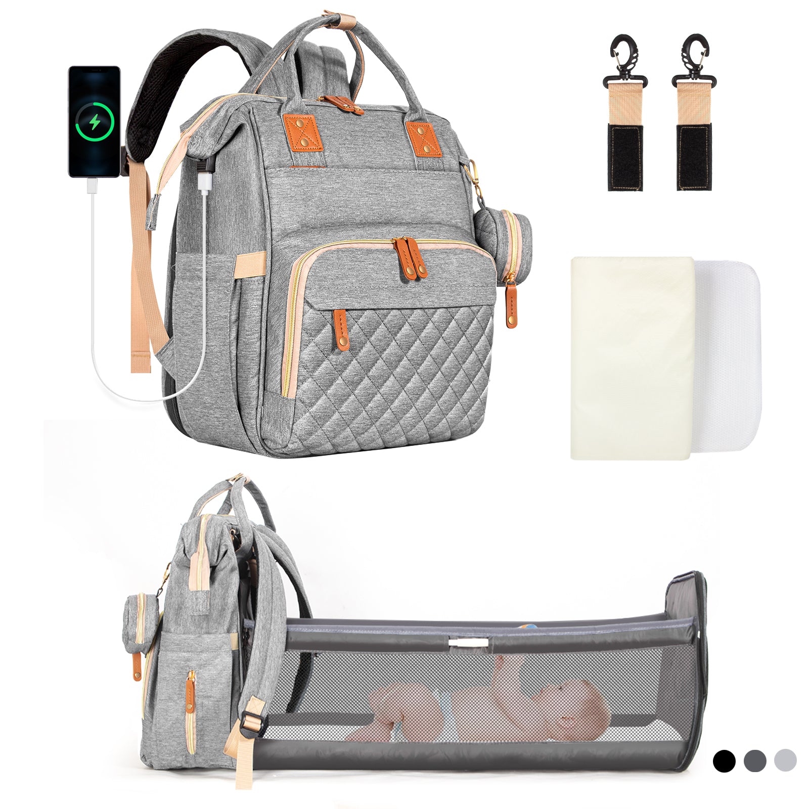 Diaper-Backpack-with-Foldable-Baby-Bed-Large-Capacity-Waterproof-Portable-Multifunction-Diaper-Bag-with-Mat-Pacifier-Holder-and-USB-Port-Light-Grey-Diaper-Backpack-with-Foldable-Baby-Bed-Light-Gray