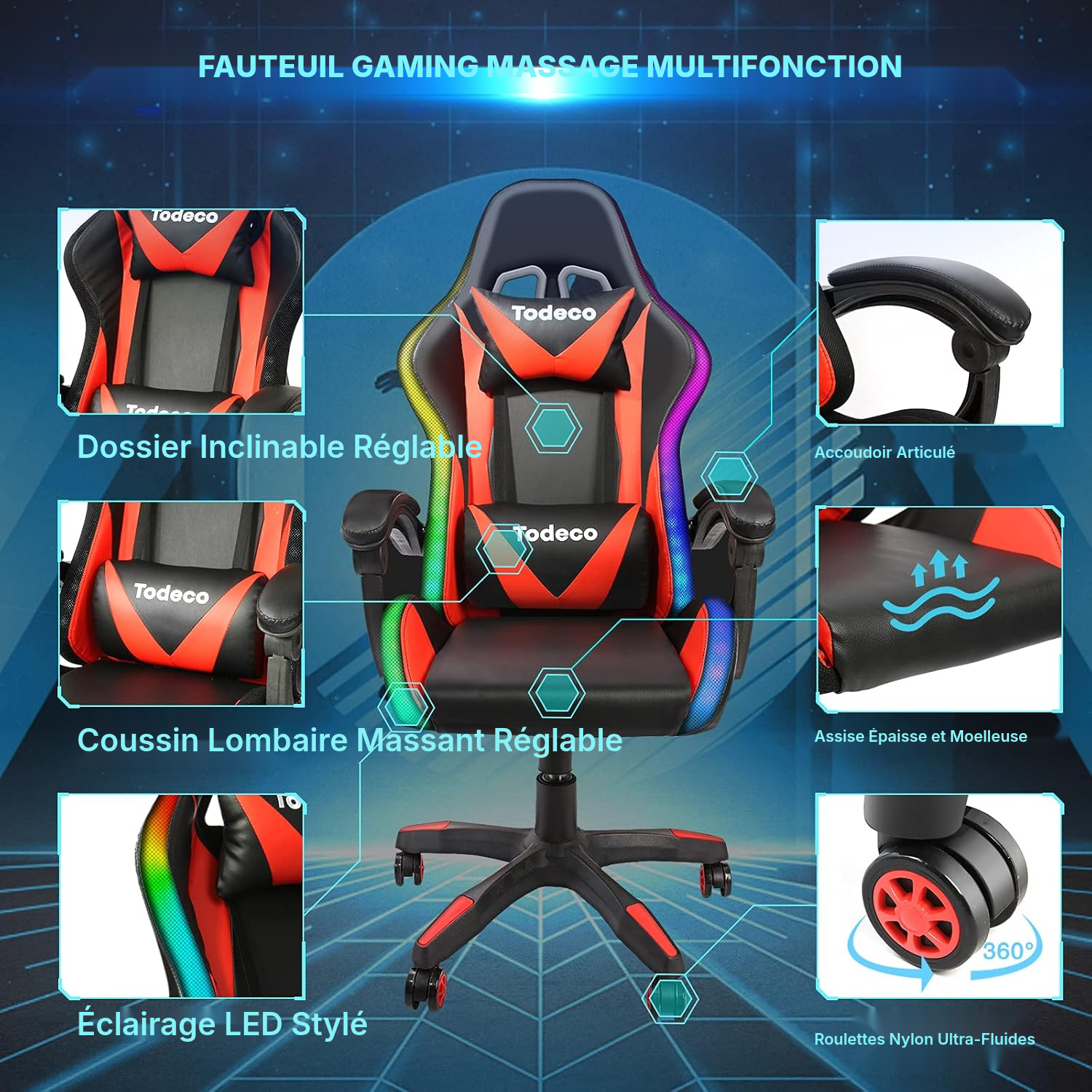 Chaise gaming rouge LED et massage — 3